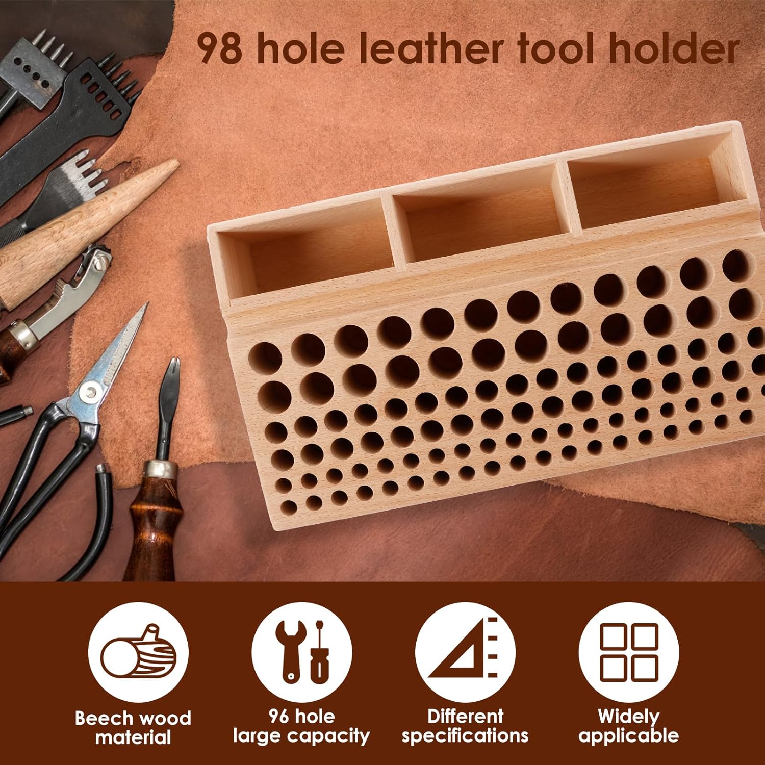 Leather Craft Tool Holder 98 Holes Organizer Stand with 3 Slots 2 Leather Craft Tool Holder 98 Holes Organizer Stand with 3 Slots - Image 2