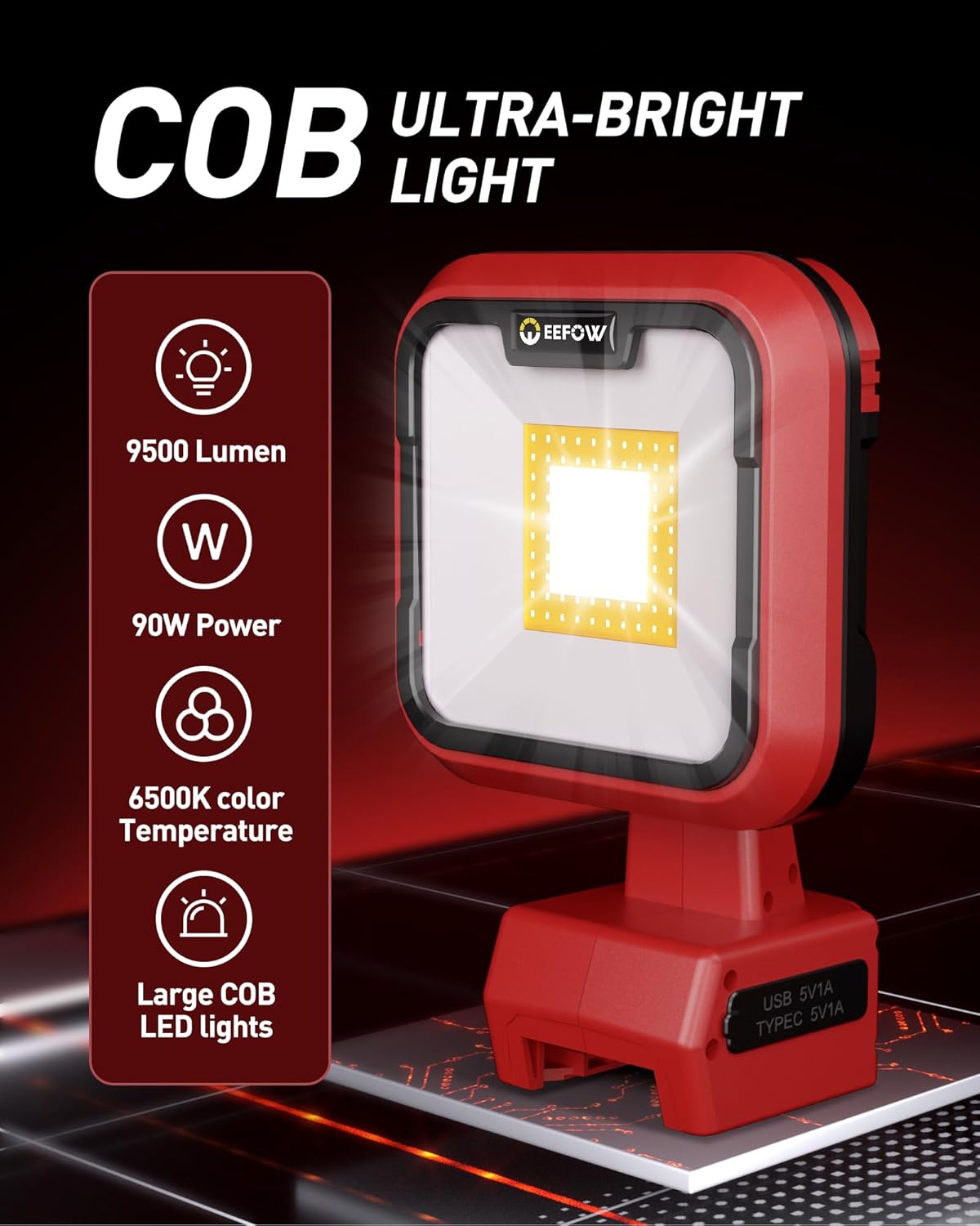 EEFOW 9500LM Milwaukee M18 Work Light 90W LED Cordless Flashlight USB-C
=======
EEFOW Milwaukee M18 Work Light 9500LM 90W LED Cordless USB-C Flashlight - Image 2