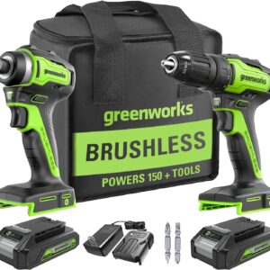 Greenworks 24V Brushless Cordless Drill and Impact Driver,Power Tool Combo Kit Included 1/2”Drill & 1/4”Hex Impact Driver and (2) Batteries, Fast Charger, 2 pcs Drill Bit Set & Bag