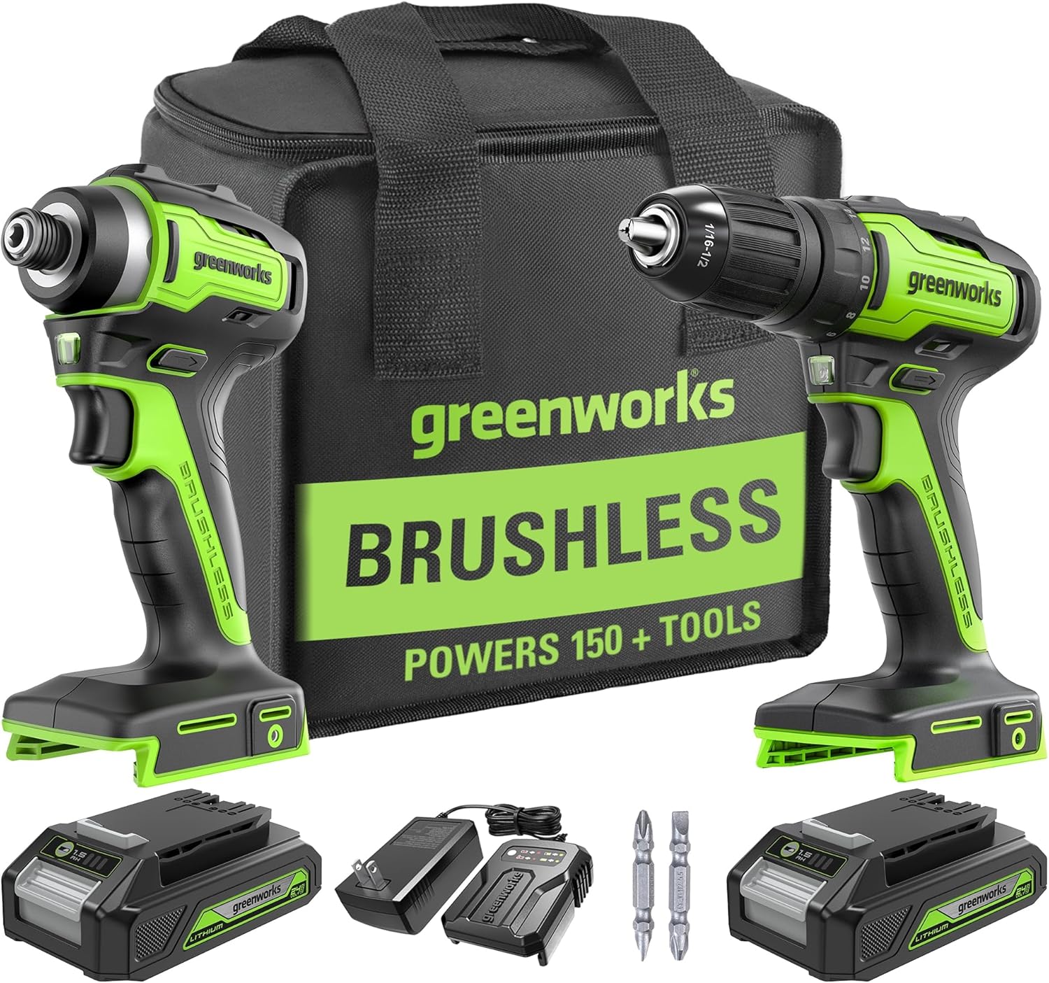 Greenworks 24V Brushless Drill Impact Driver Combo Kit 2 Batteries 1 Greenworks 24V Brushless Cordless Drill and Impact Driver,Power Tool Combo Kit Included 1/2”Drill & 1/4”Hex Impact Driver and (2) Batteries, Fast Charger, 2 pcs Drill Bit Set & Bag