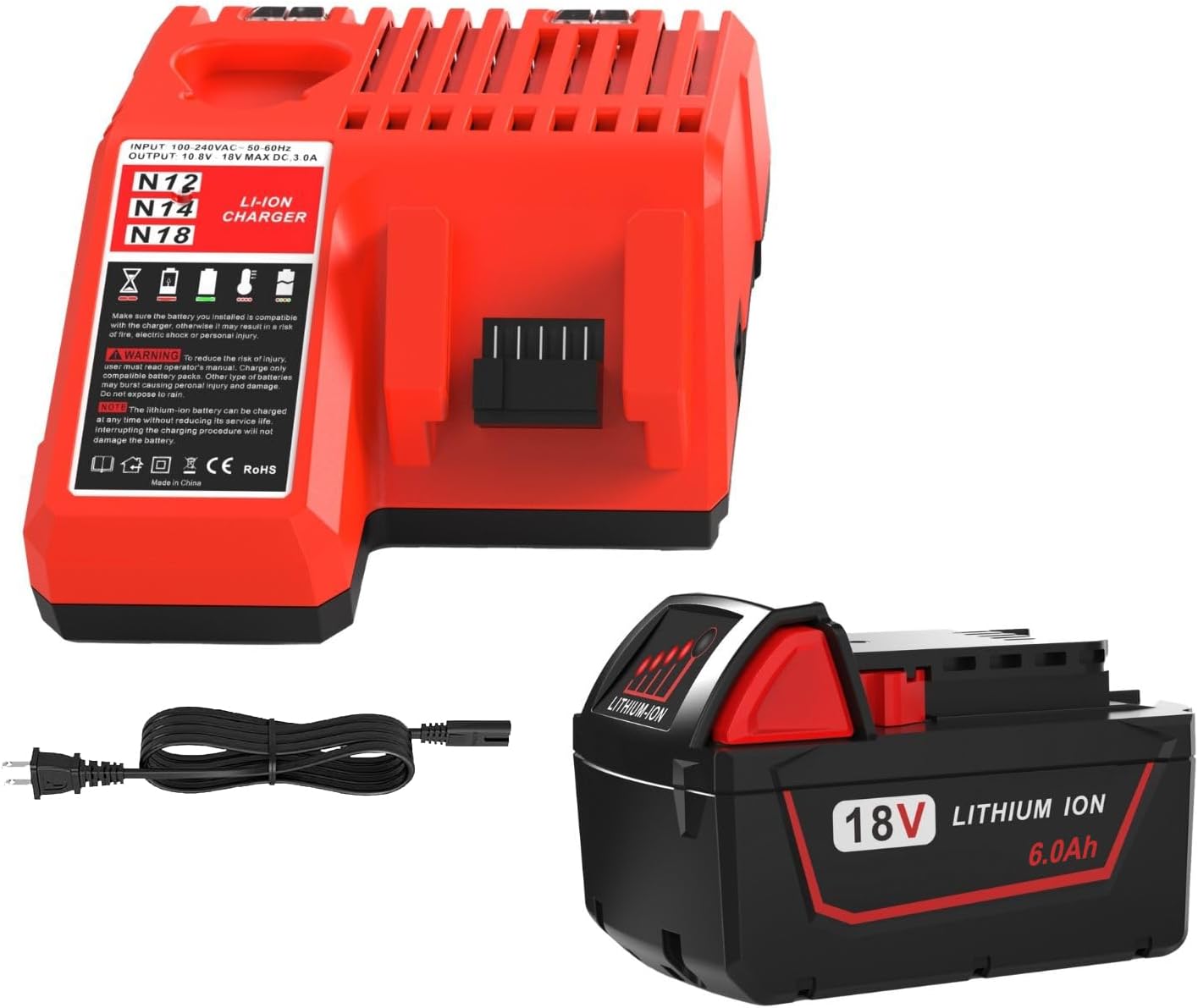 Milwaukee M18 6.0Ah Battery and Charger Combo 18V Lithium Kit 1 Replace for Milwaukee M18 Battery and Charger Combo 6.0ah,Compatible with Milwaukee M18 Cordless Power Tools 18V Lithium Battery 48-11-1850 48-11-1840 48-11-1860