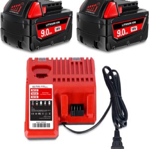 SKYON 2 Pack 18V 9Ah & 8Ah Batteries and Charger Kit Compatible with Milwaukee M-18 XC9.0Ah, XC8.0Ah, XC6.0Ah High Output Lithium Battery and 18V M-18 Charger