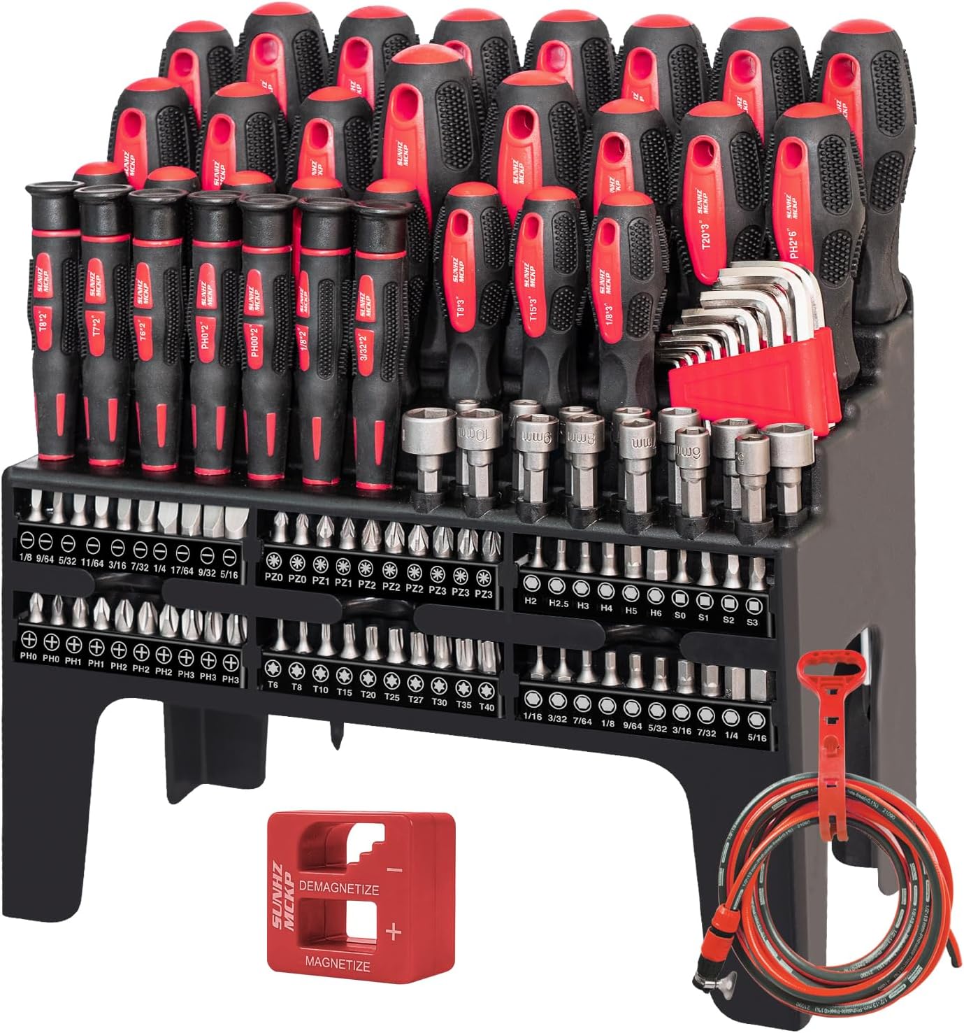 124PC Magnetic Screwdriver Set with Ratchet and Storage Rack 1 SUNHZMCKP 124-Piece Magnetic Screwdriver set, Includes Slotted, Phillips, Pozidriv, Hex, Torx and Precision Screwdriver, ratcheting screwdriver and nut drivers With Storage rack