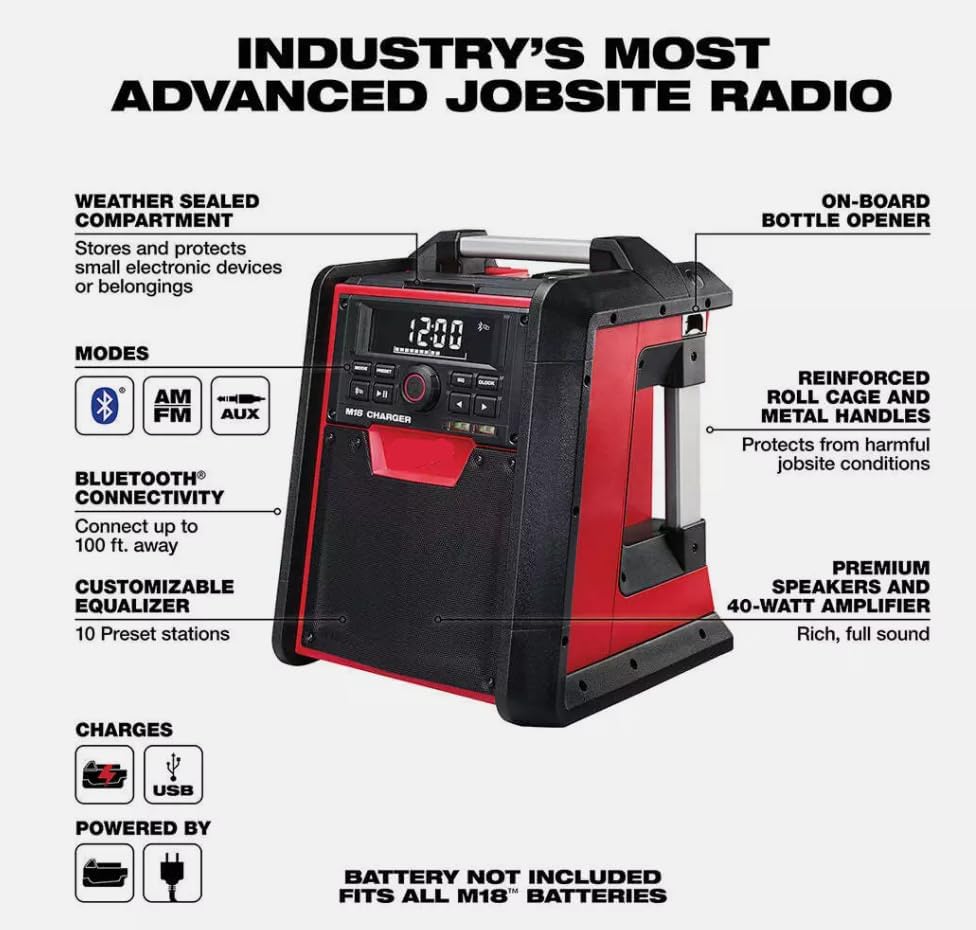 Milwaukee M18 Bluetooth Radio Charger 18V Jobsite Speaker Bare Tool 2 Milwaukee M18 Bluetooth Radio Charger 18V Jobsite Speaker Bare Tool - Image 2