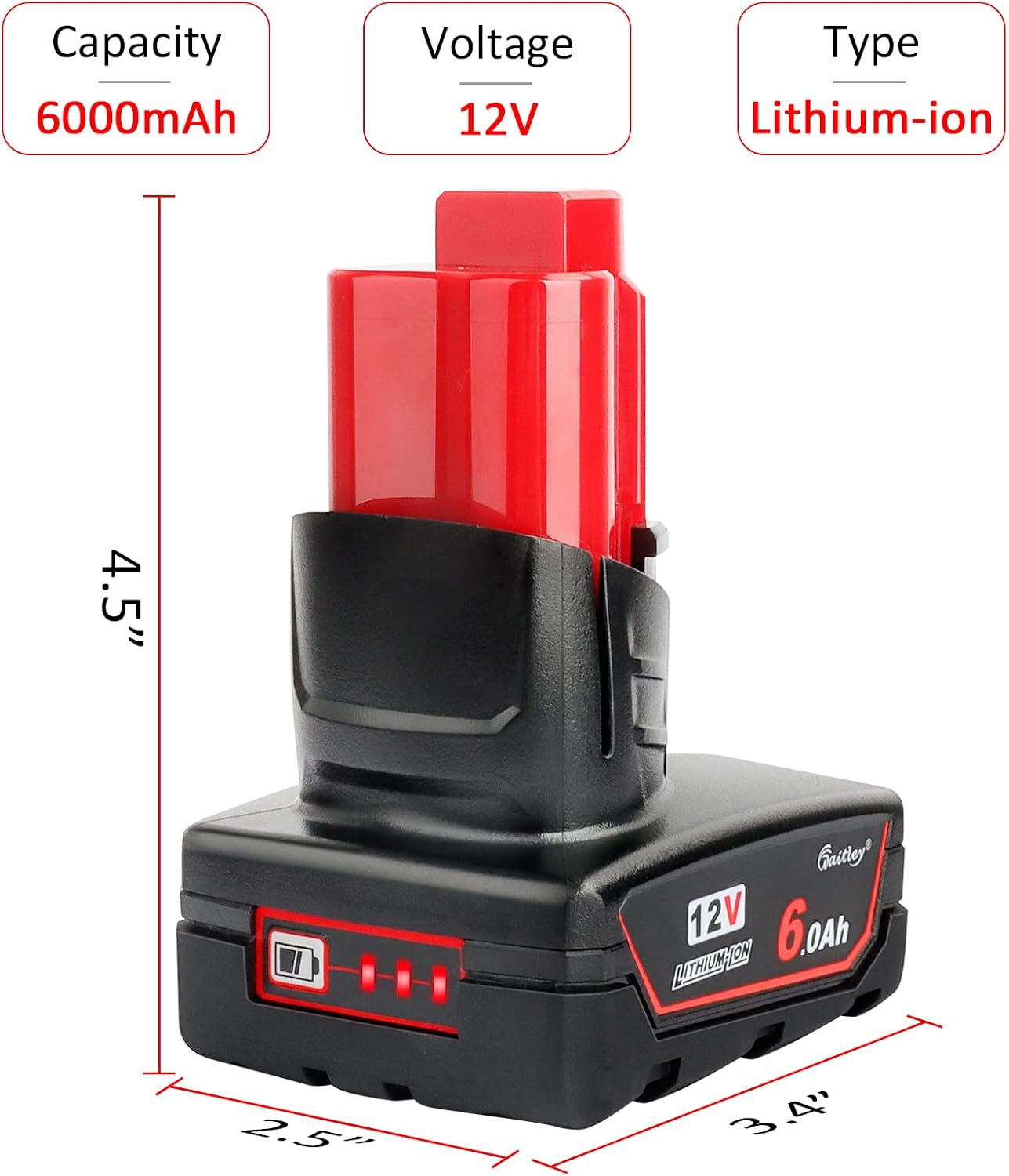 Waitley 12V 6Ah Lithium Battery for Milwaukee 48-11-2440 Tools 3 Waitley 12V 6Ah Lithium Battery for Milwaukee 48-11-2440 Tools - Image 3