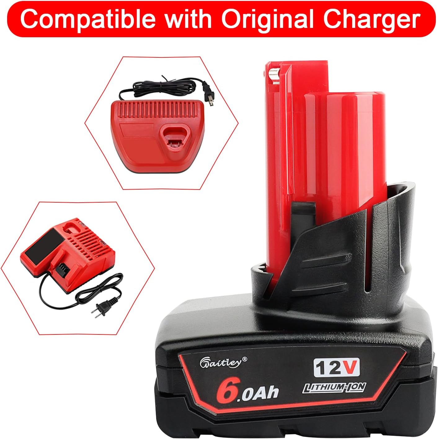 Waitley 12V 6Ah Lithium Battery for Milwaukee 48-11-2440 Tools 5 Waitley 12V 6Ah Lithium Battery for Milwaukee 48-11-2440 Tools - Image 5