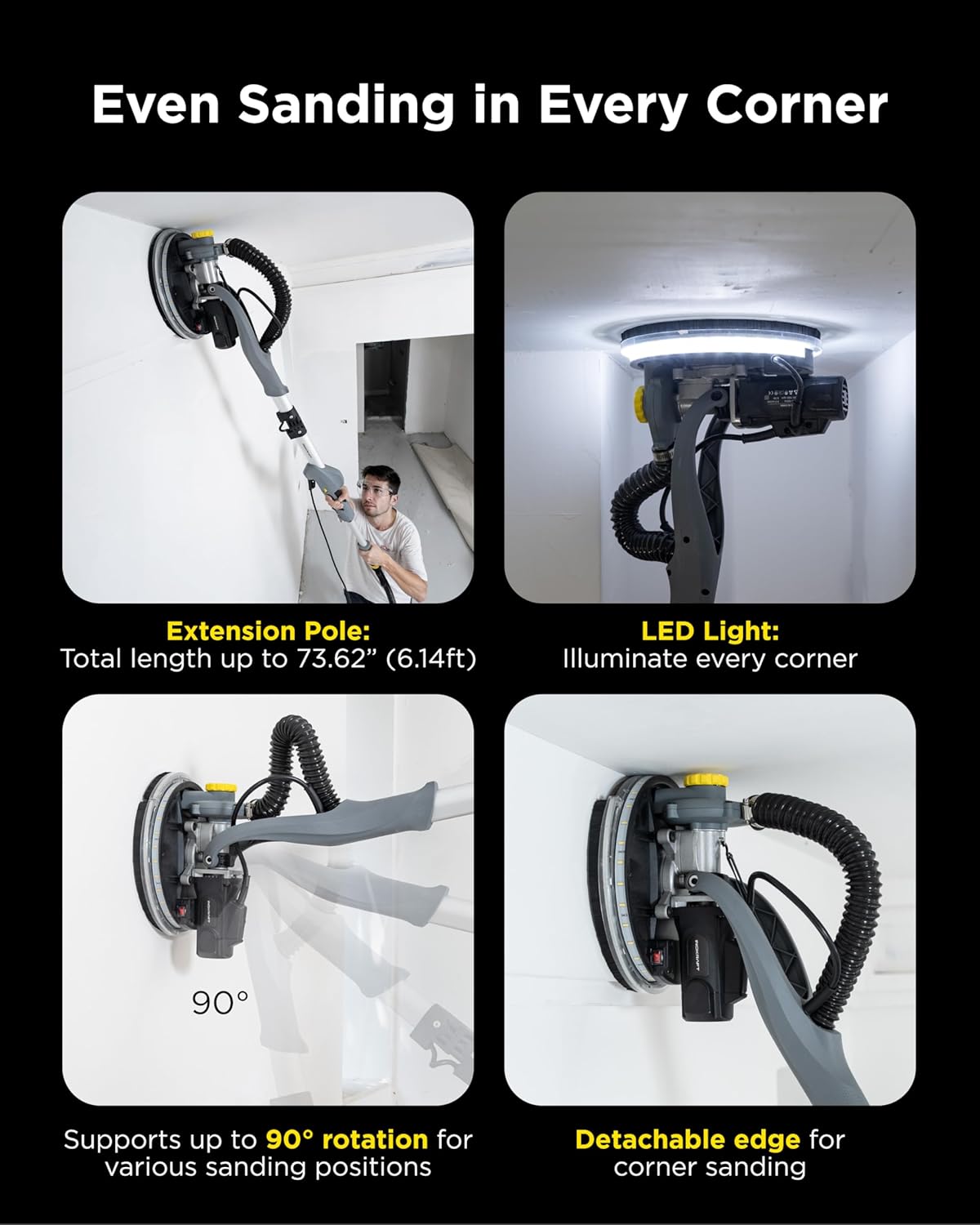 820W Drywall Sander with Vacuum LED Light ETL Certified Tool Kit 4 820W Drywall Sander with Vacuum LED Light ETL Certified Tool Kit - Image 4