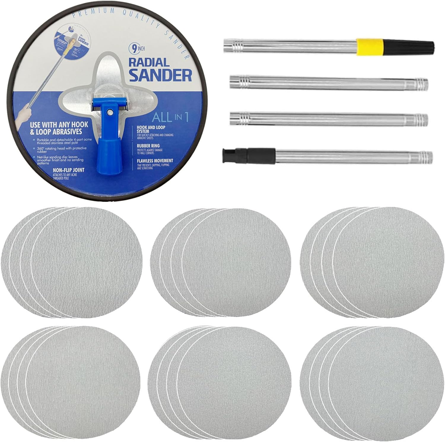 9" Drywall Sander Kit with Pole, 24 Sheets & 80-240 Grit 1 sander tool extension