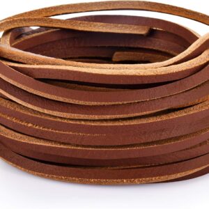 TeeLiy 3MM Flat Genuine Leather Cord - Natural Leather Lacing - Strip Cord Braiding String for Jewelry Making Shoe Lace Braided Bracelets Necklaces Handbags Knife Sheaths Brown (5Yards)