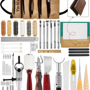 Vorhixa Leather Tooling Kit - Leather Working Tools & Stamps for Crafting, Cutting, Stamping, Sewing, Stitching, Engraving & Sanding - Complete Craft Kit for Adults and Begineers