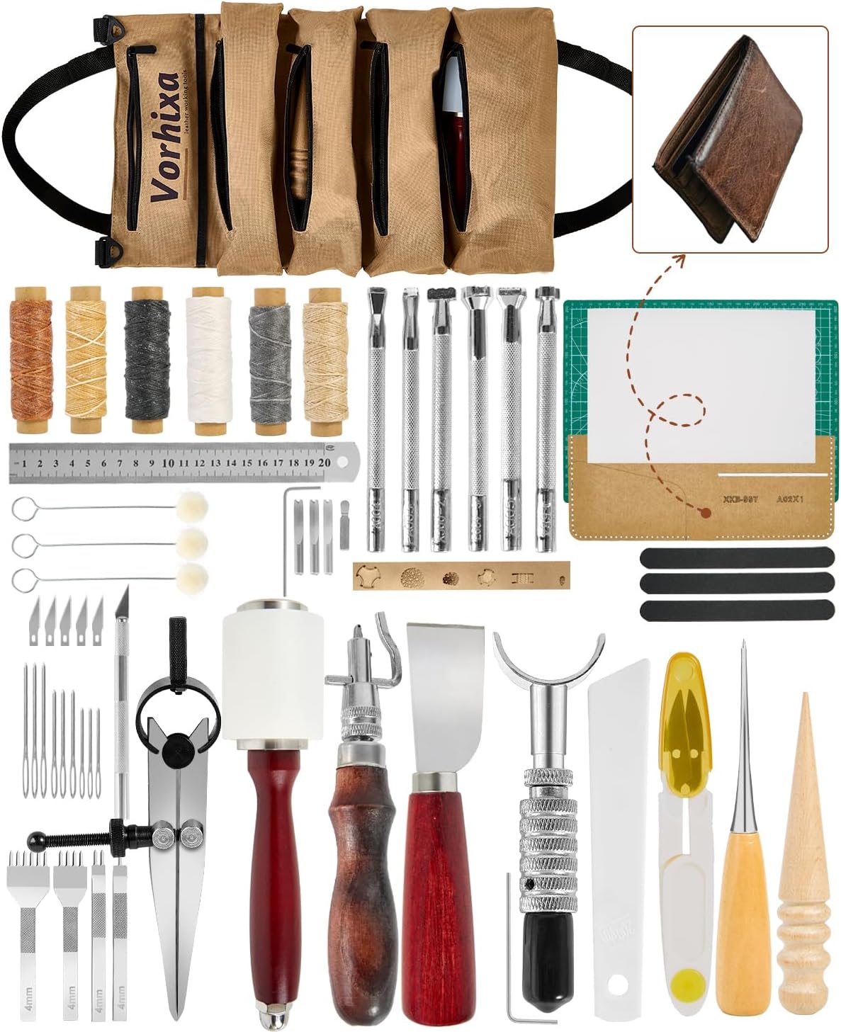Vorhixa Leather Tool Kit - Craft Stamping Sewing Set for Beginners 1 Vorhixa Leather Tooling Kit - Leather Working Tools & Stamps for Crafting, Cutting, Stamping, Sewing, Stitching, Engraving & Sanding - Complete Craft Kit for Adults and Begineers