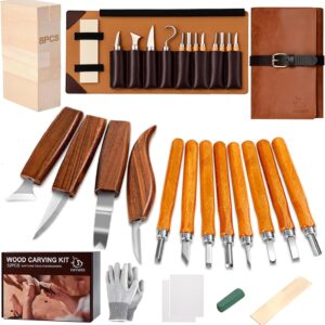 IMYMEE Deluxe Wood Carving Kit with Leather Case,Wood Carving Tools Set with Wood Carving Knife,Detail Knives,Basswood Blocks,Gloves,Strop Block,Polishing Compound for Whittling Kit Hobbies for Adults