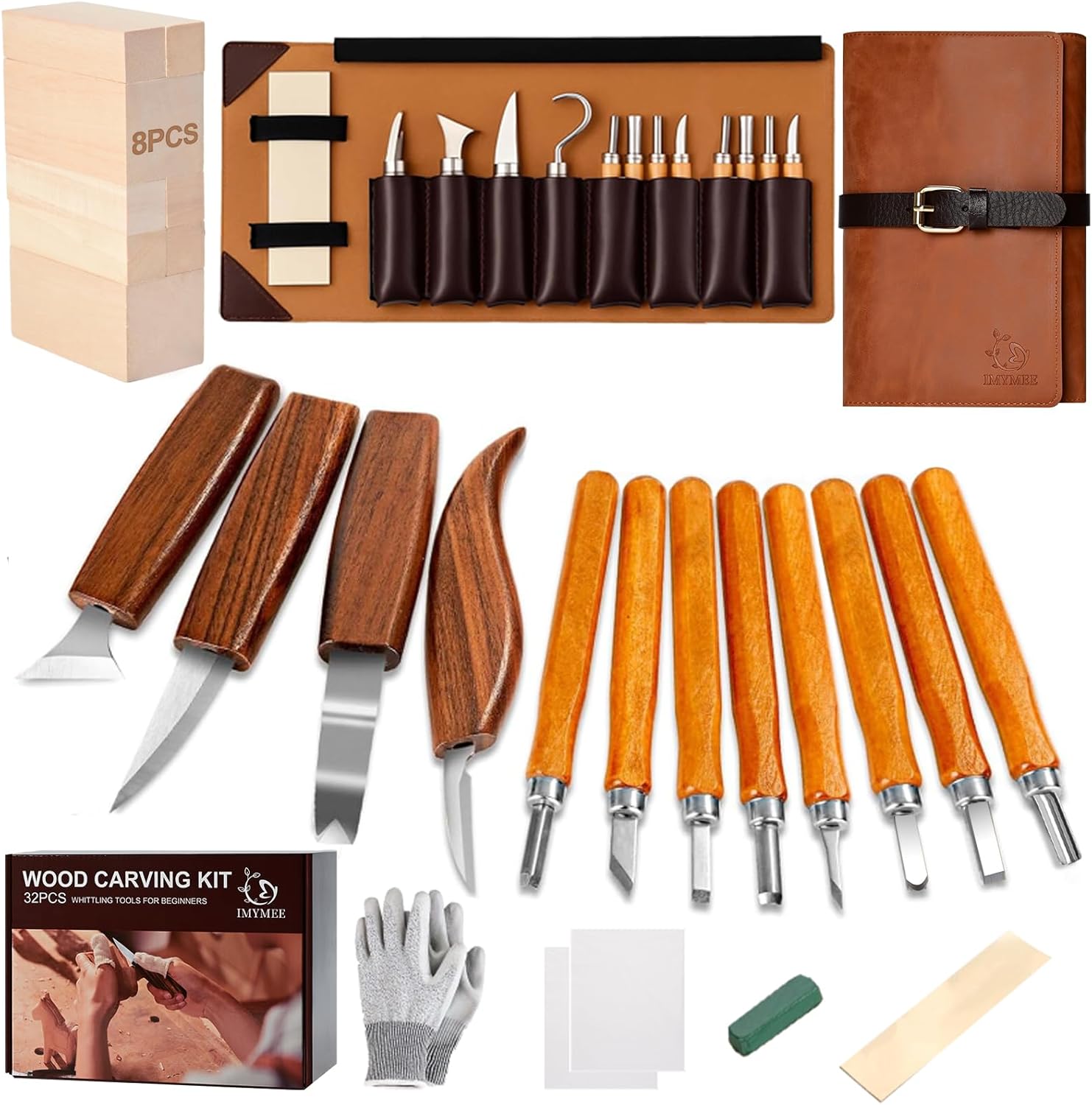 IMYMEE Wood Carving Kit 12pc Tools Set with Leather Case for Adults 1 IMYMEE Deluxe Wood Carving Kit with Leather Case,Wood Carving Tools Set with Wood Carving Knife,Detail Knives,Basswood Blocks,Gloves,Strop Block,Polishing Compound for Whittling Kit Hobbies for Adults
