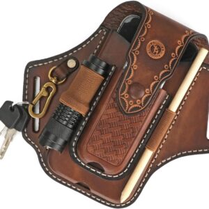 Tourbon Leather Cell Phone Holster Pouch Case Tool Multitool Sheath Flashlight Slot Holder & Keychain Clip with Magnetic Closure for Belt (Brown)