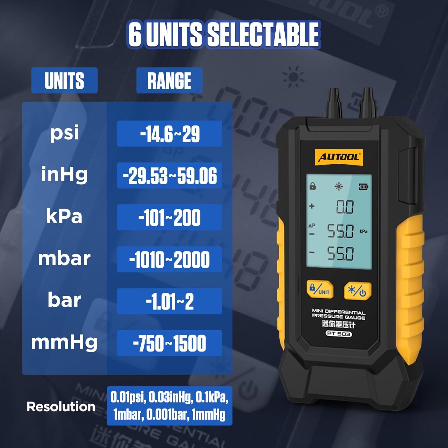 AUTOOL Digital HVAC Manometer Gas Pressure Gauge Tester LCD Backlight 4 AUTOOL Digital HVAC Manometer Gas Pressure Gauge Tester LCD Backlight - Image 4