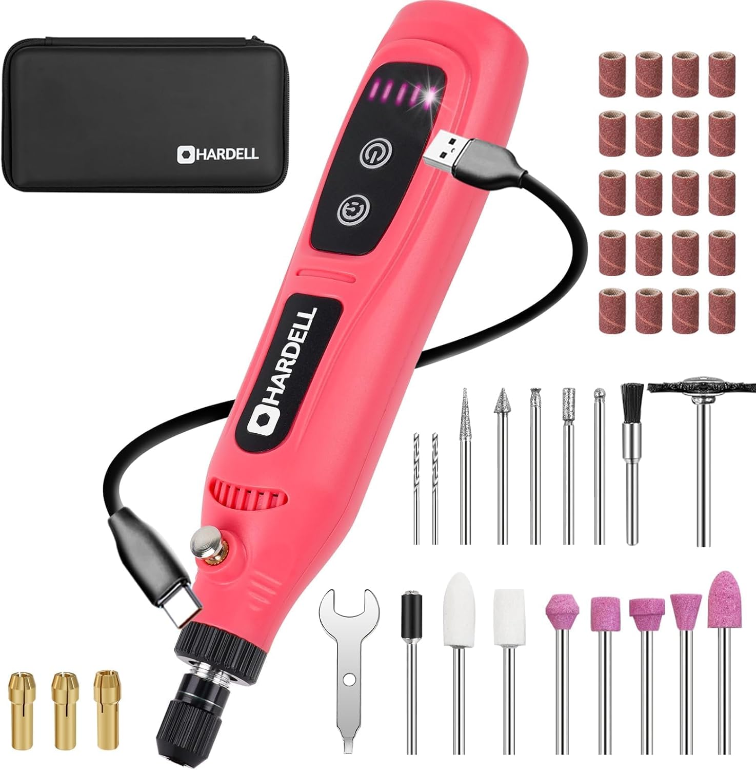 HARDELL Mini Rotary Tool Kit 43pc 5-Speed USB-C Cordless Pink 1 sander tool pink