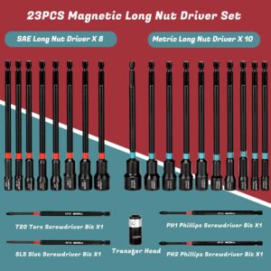 LLNDEI 23PC Magnetic Nut Driver Set 6″ Long Metric SAE Hex Shank Bits