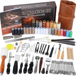 BUTUZE Leather Kit, Leather Tooling Kit for Beginners, Leathercraft Tools with Stamping Tools, Beveler, Groover, Stitching Punch Sewing Thread and Needles - Roll Bag and Manual
