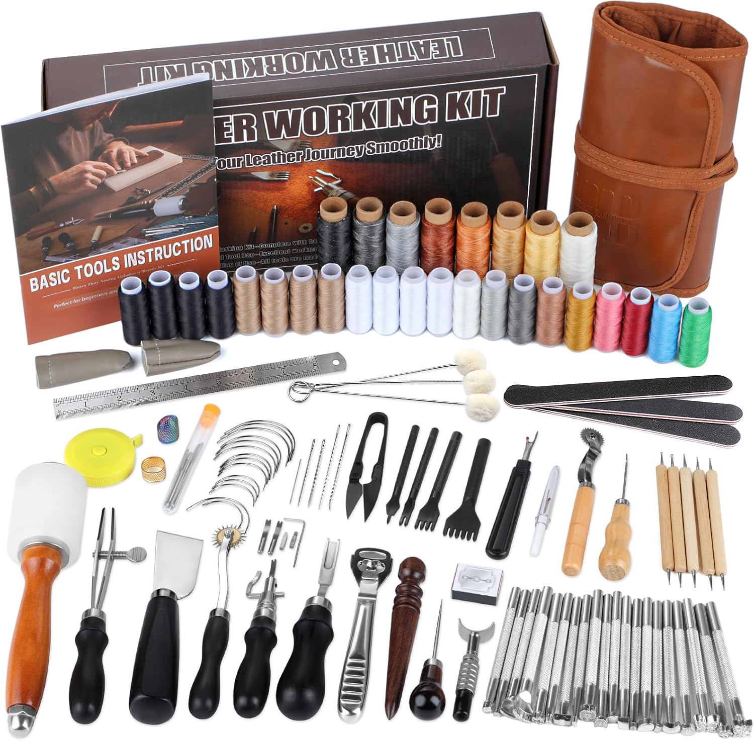 BUTUZE Leather Craft Tool Kit for Beginners with Manual Roll Bag 1 BUTUZE Leather Kit, Leather Tooling Kit for Beginners, Leathercraft Tools with Stamping Tools, Beveler, Groover, Stitching Punch Sewing Thread and Needles - Roll Bag and Manual