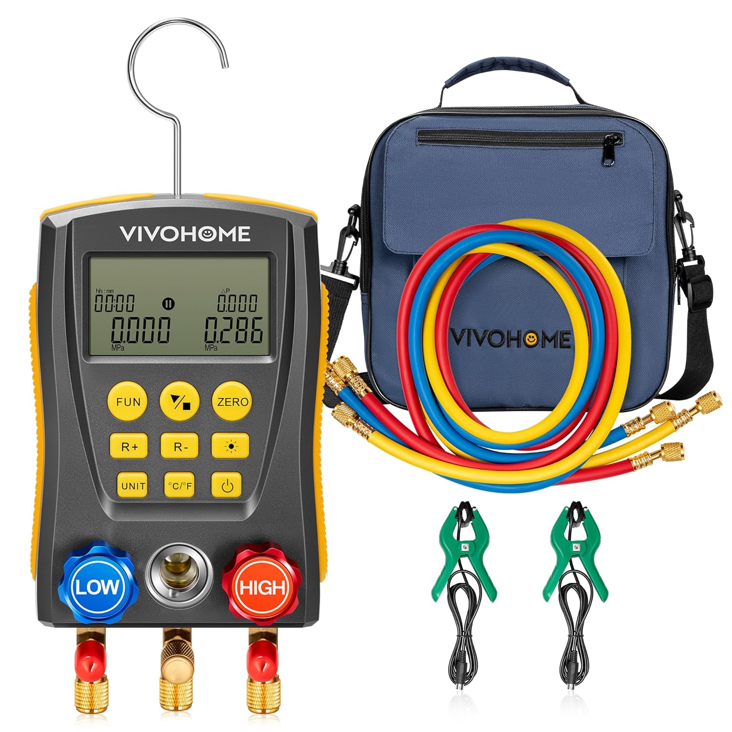 VIVOHOME Digital AC Manifold Gauge HVAC Kit with Temperature Probes 1 hvac tools digital wind meter and temperature