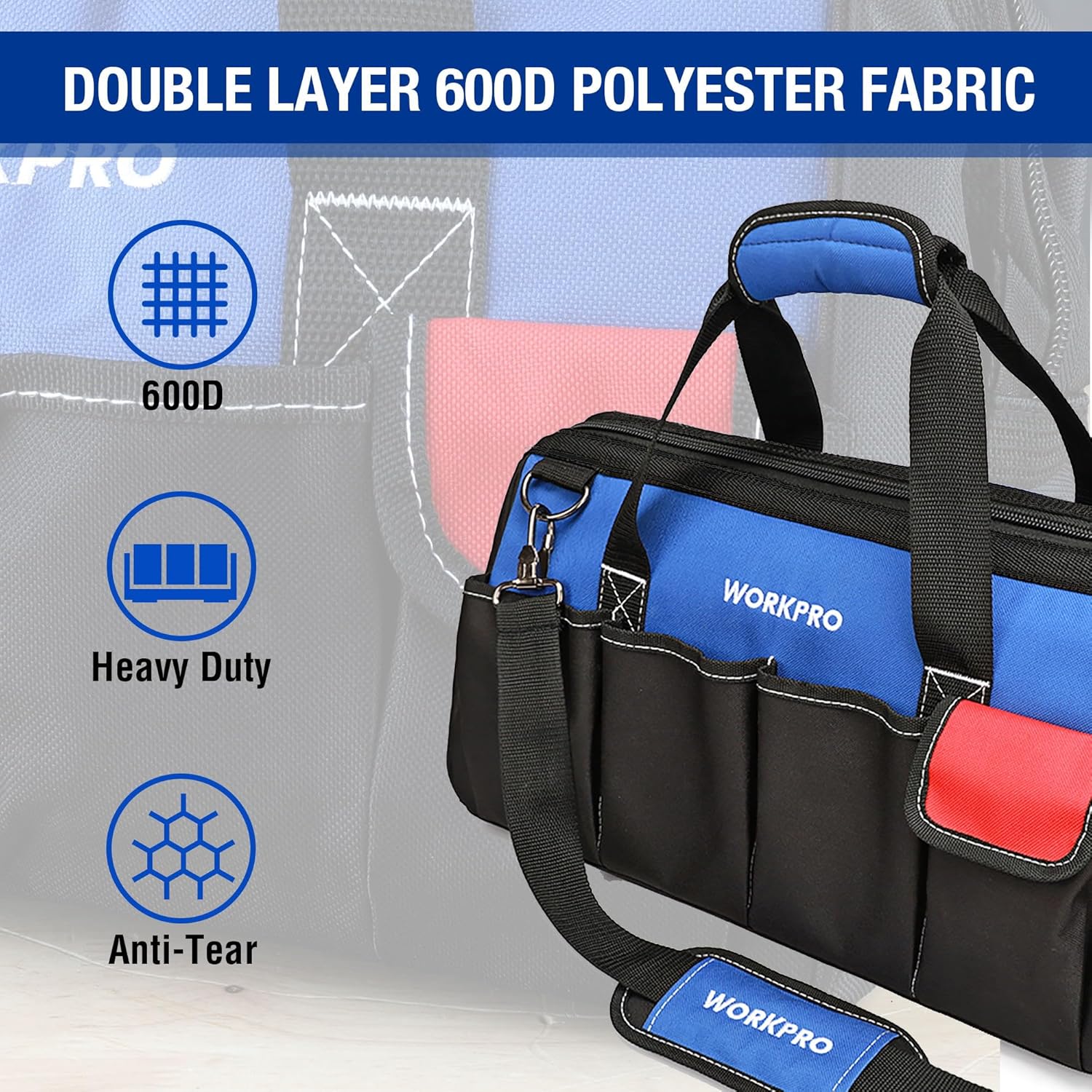 WORKPRO 18" Wide Mouth Tool Bag with Shoulder Strap & Sturdy Base 5 WORKPRO 18" Wide Mouth Tool Bag with Shoulder Strap & Sturdy Base - Image 5