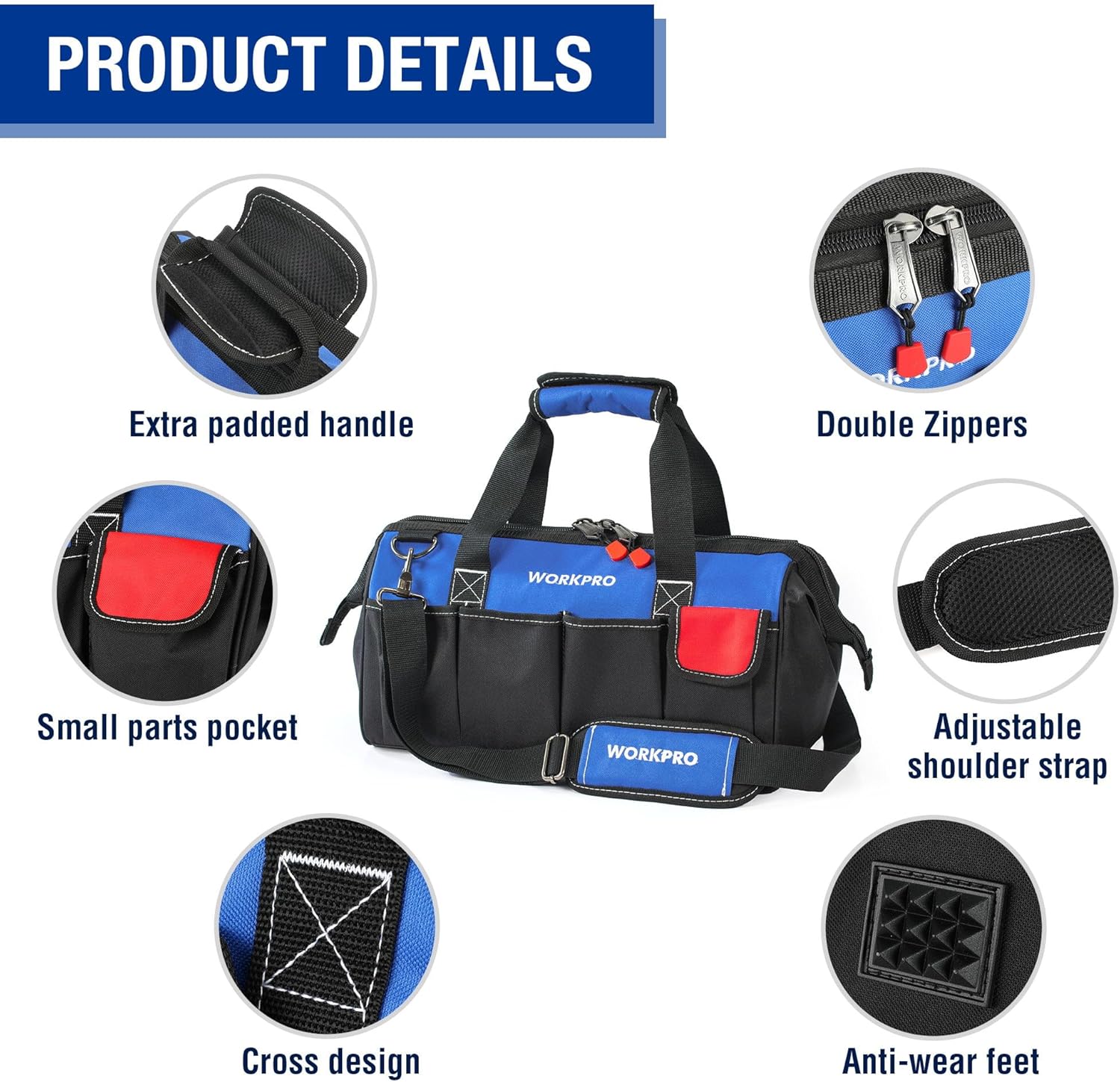 WORKPRO 18" Wide Mouth Tool Bag with Shoulder Strap & Sturdy Base 3 WORKPRO 18" Wide Mouth Tool Bag with Shoulder Strap & Sturdy Base - Image 3