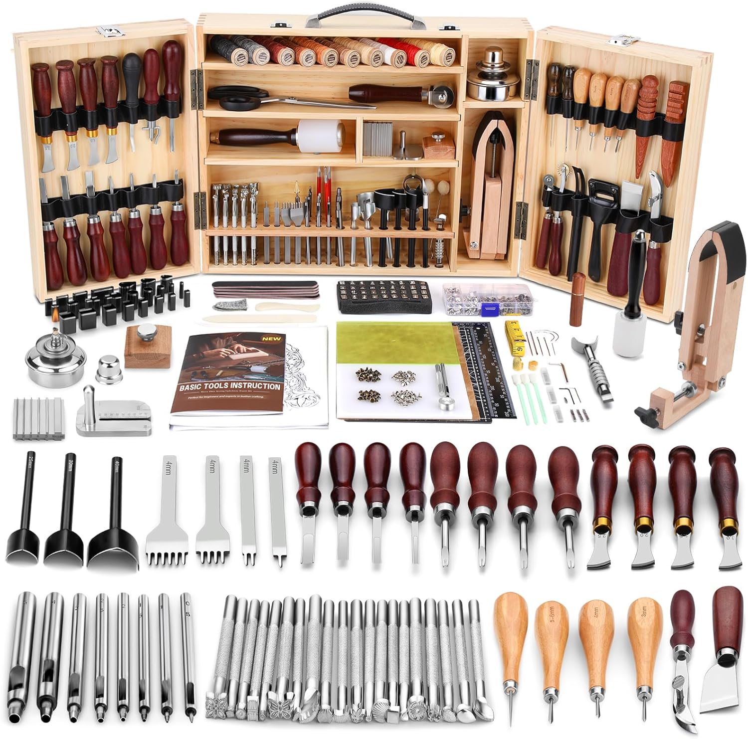 BUTUZE Professional Leather Working Kit - Complete Tooling Set 1 BUTUZE Leather Working Kit, Boxed Leather Tooling Kit, Leather Crafting Tool Kit, Cutting, Punching, Carving, Heavy Duty Leather Sewing Kit Professional Leather Working Tools and Supplies