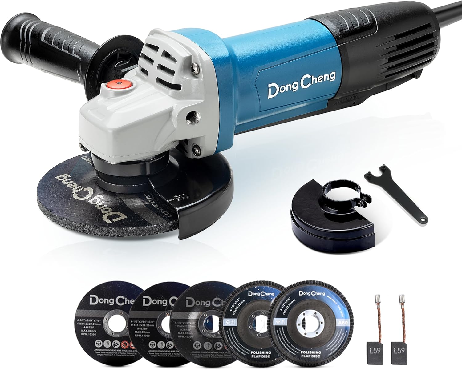 DongCheng 4.5" Angle Grinder 6.7A 11800RPM Metal Cutting Tool Kit 1 DongCheng Angle Grinder 4-1/2 inch 6.7-Amp Paddle Switch 11800RPM Power Electric Grinder Tools with Cutting & Grinding Wheels, Flap Discs, Auxiliary Handle for Metal & Rust Removal, Beginner-Friendly