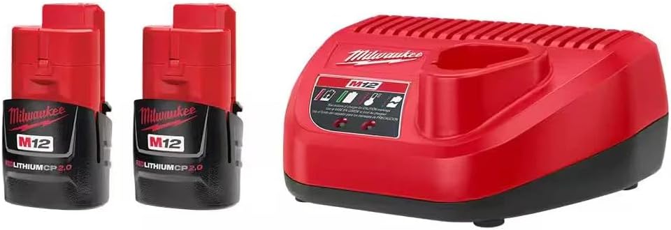 Milwaukee M12 REDLITHIUM 2.0Ah Battery 2-Pack with Charger Kit 1 Milwaukee 48-11-2420 (2) M12 REDLITHIUM 2.0 Compact 12V Batteries & M12 Lithium-ion Battery Charger (48-59-2401) KIT
