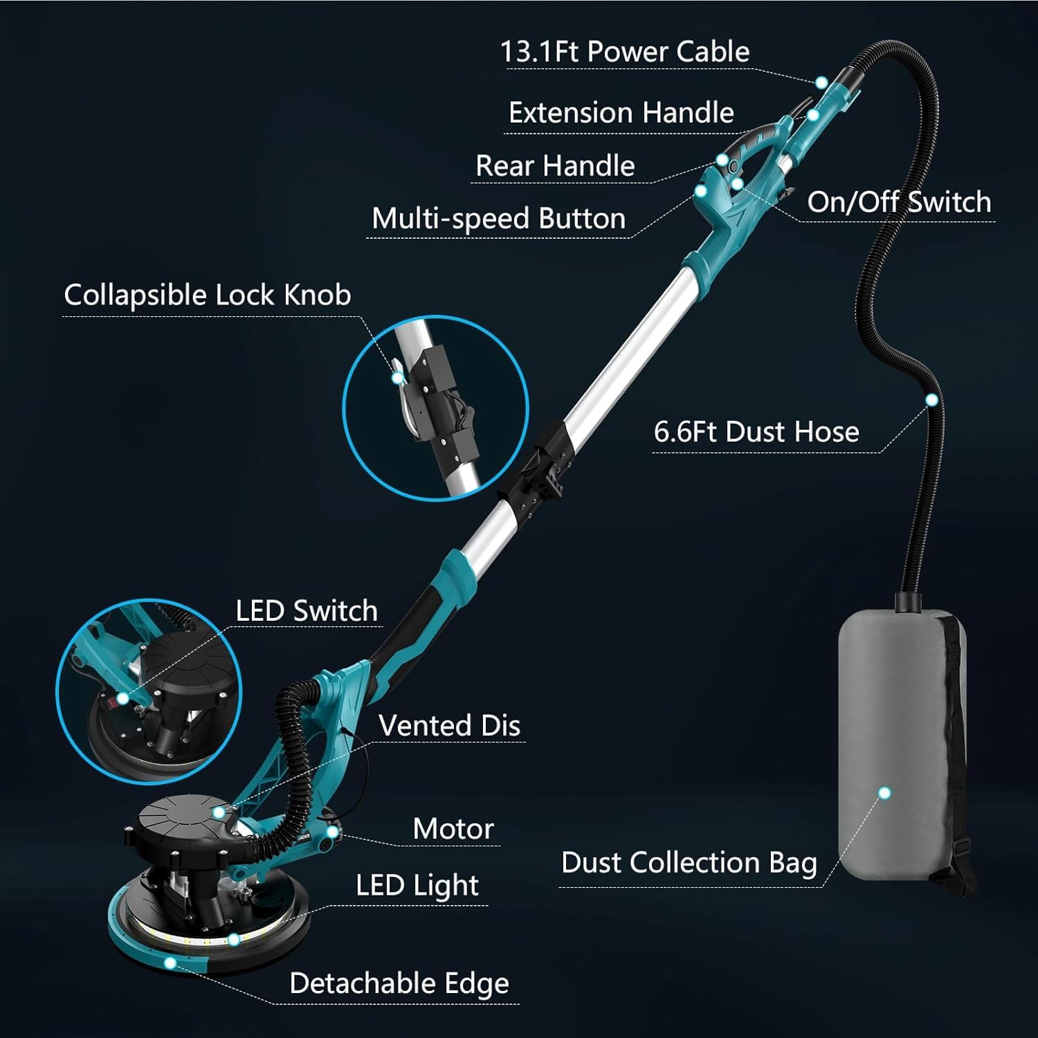 Drywall Sander 1250W LED Vacuum Variable Speed Electric Tool 800-1800RPM 4 Drywall Sander 1250W LED Vacuum Variable Speed Electric Tool 800-1800RPM - Image 4