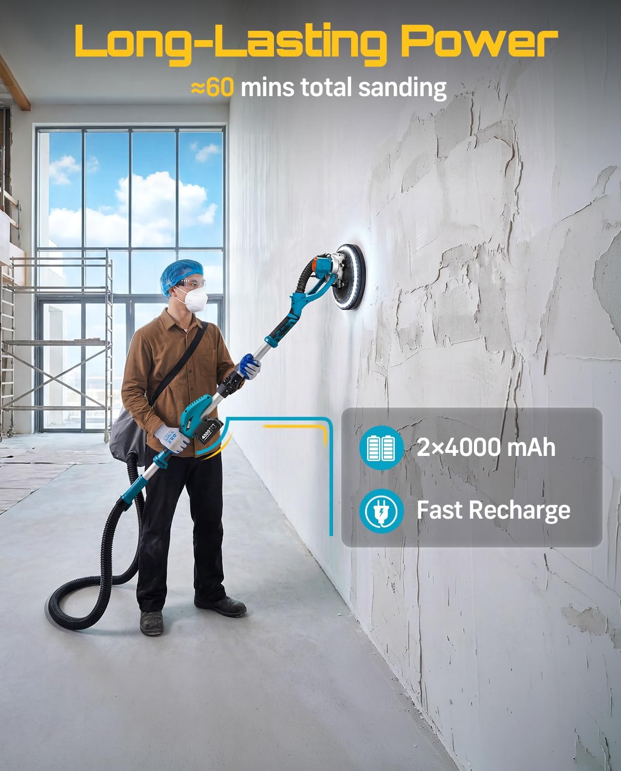 SEESII 900W Cordless Drywall Sander with Vacuum & LED Light Kit 3 SEESII 900W Cordless Drywall Sander with Vacuum & LED Light Kit - Image 3
