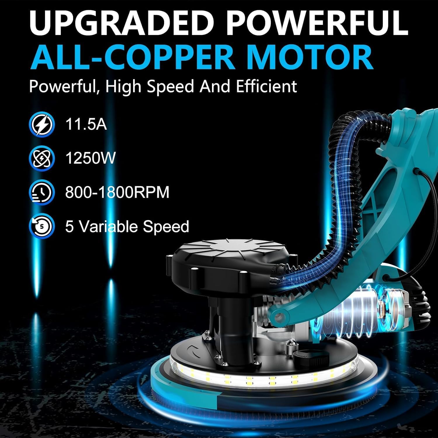 Drywall Sander 1250W LED Vacuum Variable Speed Electric Tool 800-1800RPM 1 hyde tools 09165 dust-free drywall vacuum hand sander