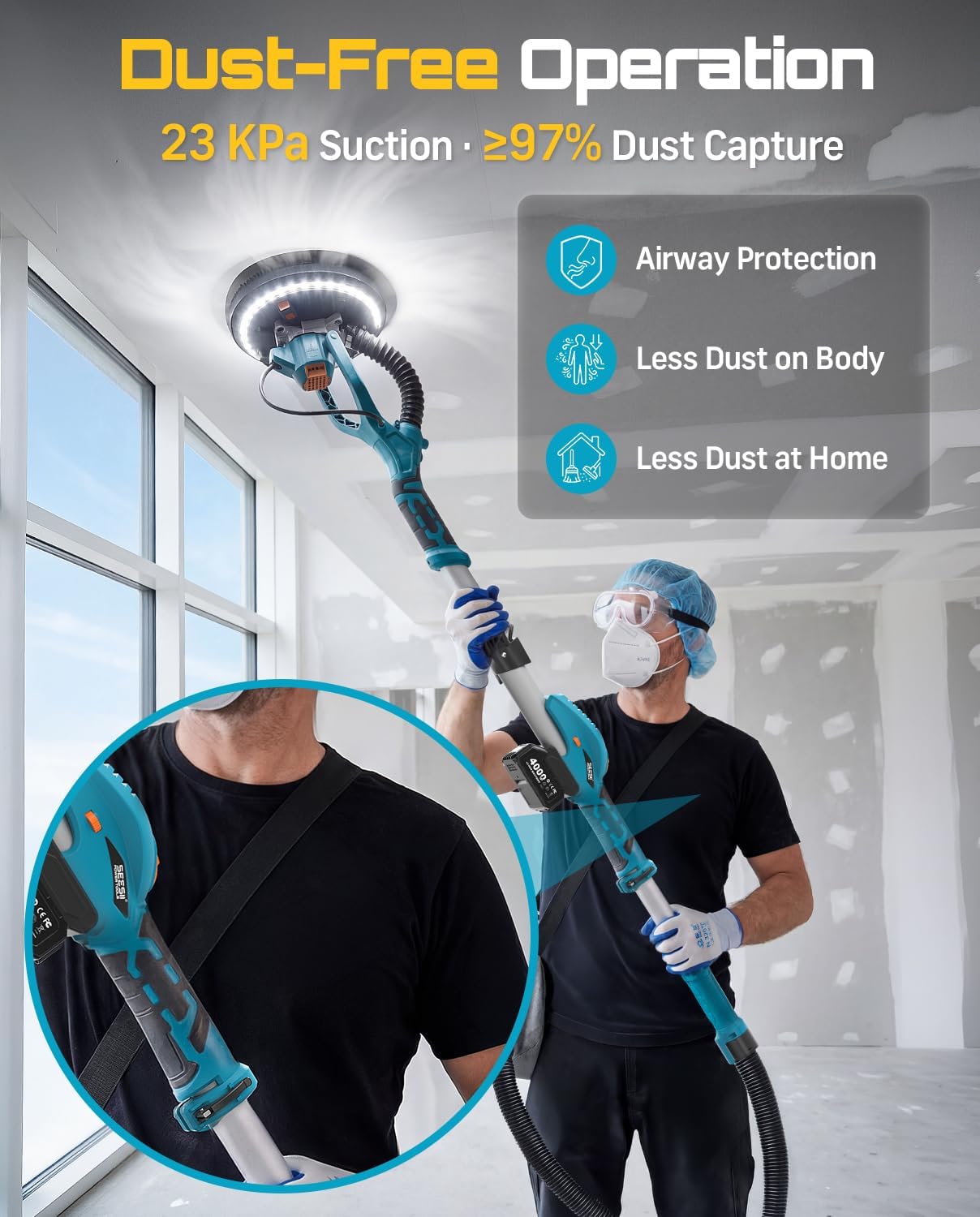 SEESII 900W Cordless Drywall Sander with Vacuum & LED Light Kit 6 SEESII 900W Cordless Drywall Sander with Vacuum & LED Light Kit - Image 6