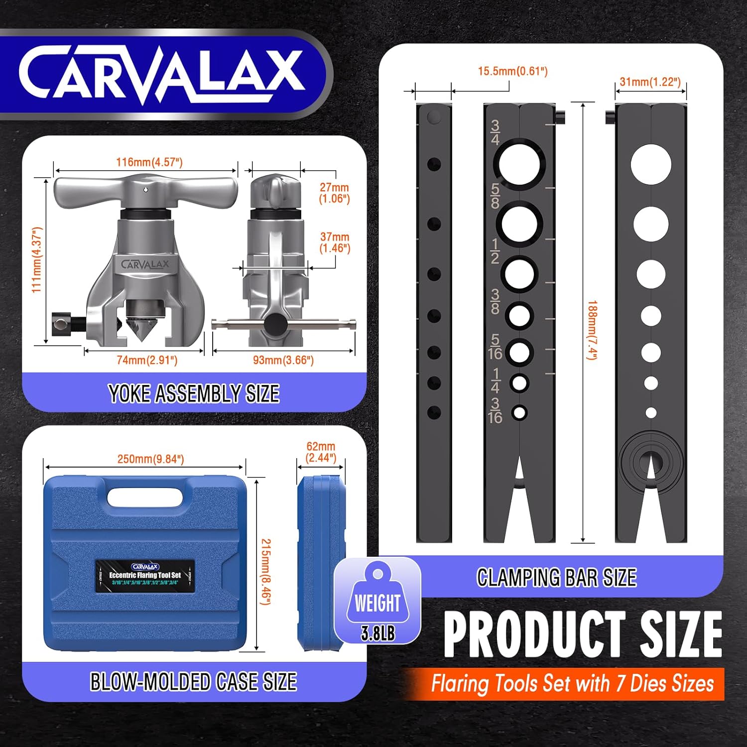 CARVALAX 45° Flaring Tool Kit 7 Dies 3/16-3/4 HVAC Brake Line Case 2 CARVALAX 45° Flaring Tool Kit 7 Dies 3/16-3/4 HVAC Brake Line Case - Image 2
