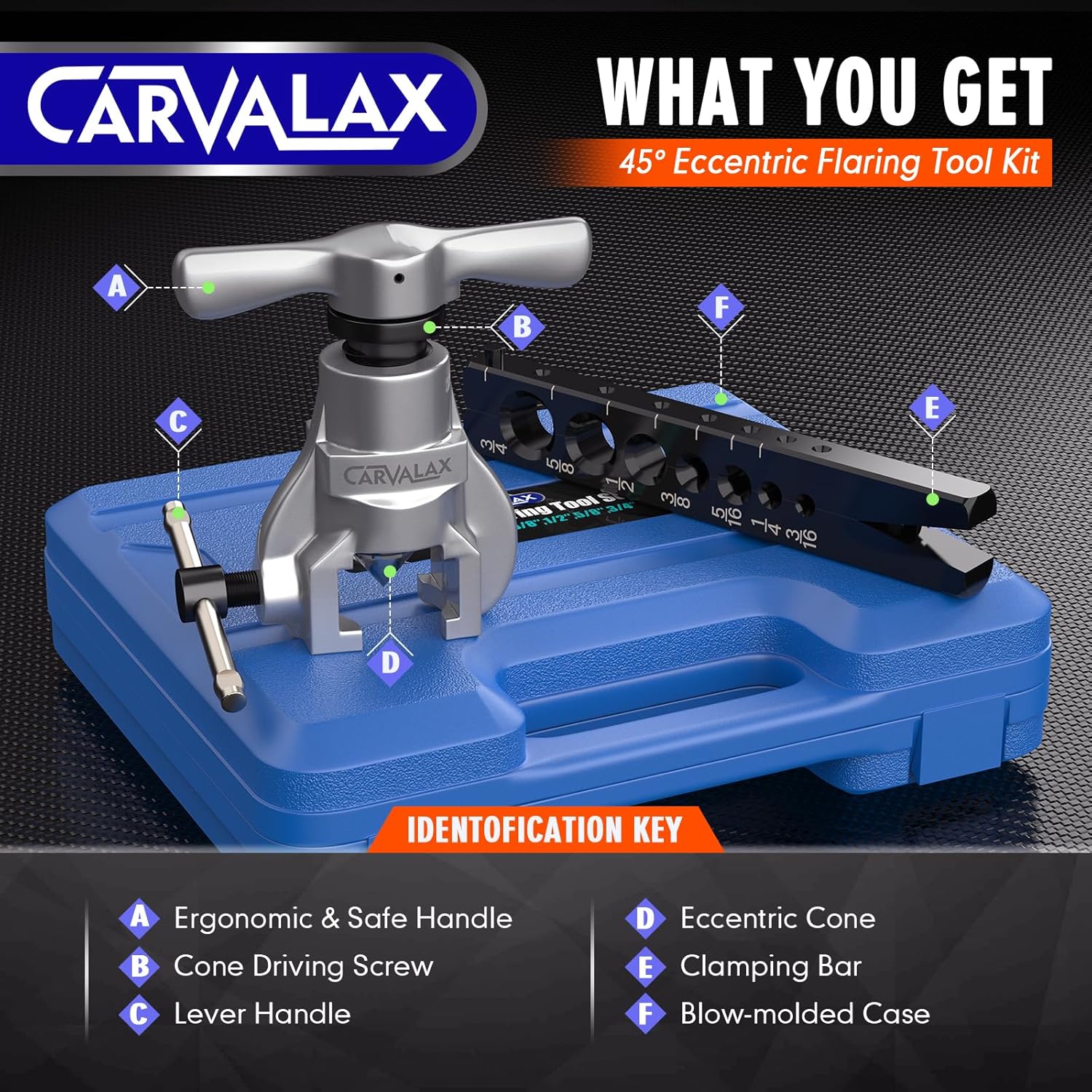 CARVALAX 45° Flaring Tool Kit 7 Dies 3/16-3/4 HVAC Brake Line Case 3 CARVALAX 45° Flaring Tool Kit 7 Dies 3/16-3/4 HVAC Brake Line Case - Image 3