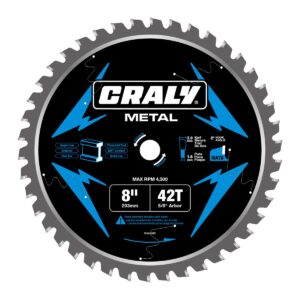 CRALY 8 Inch 42 Teeth Steel and Ferrous Metal Cutting Circular Saw Blade, 5/8 Inch Arbor, Thin Kerf, Professional Carbide Tipped Blade for Angle Iron, Threaded Rod, EMT Conduit(C0842MC)