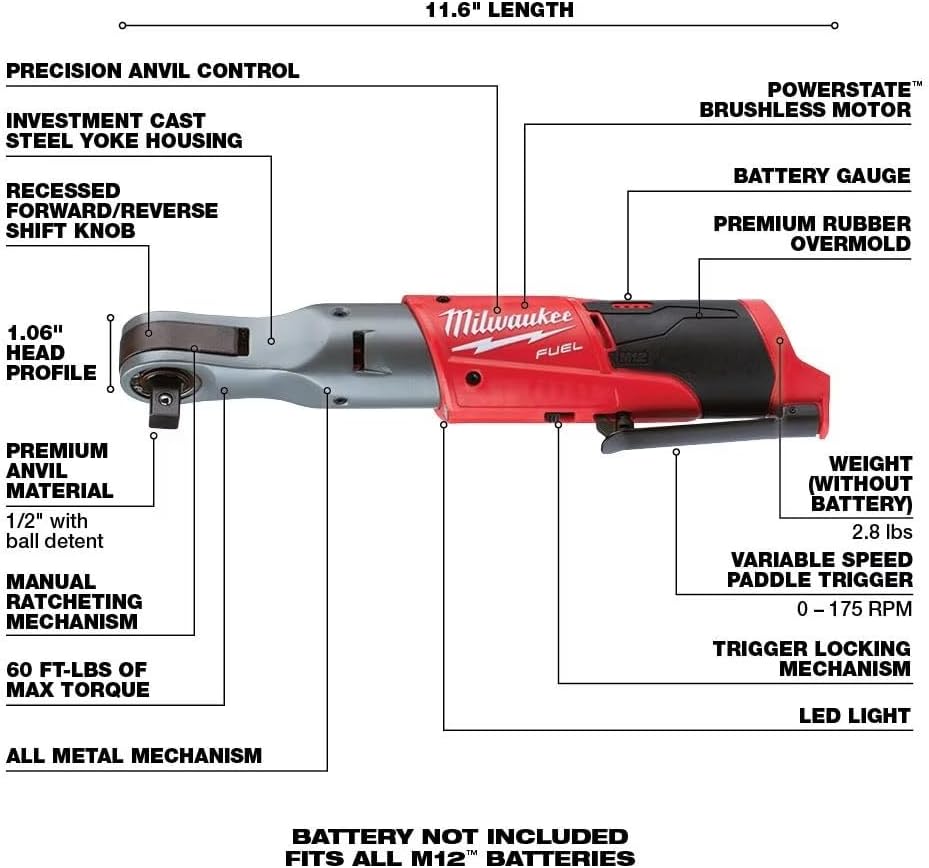 Milwaukee M12 FUEL 1/2" Cordless Ratchet Tool Only 2558-20 2 Milwaukee M12 FUEL 1/2" Cordless Ratchet Tool Only 2558-20 - Image 2